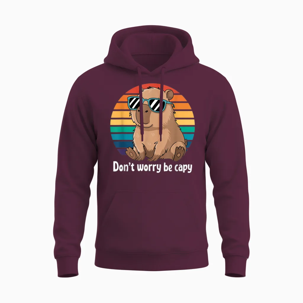 Capybara Dont Worry Be Cappy Boys Girls Funny Retro Capybara T-Shirt, Black Unisex Hoodie in Maroon