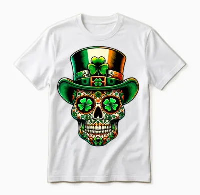 Ireland Sugar Skull Clover Irish St Patricks Day Costume T-Shirt, Black Unisex T-Shirt - White