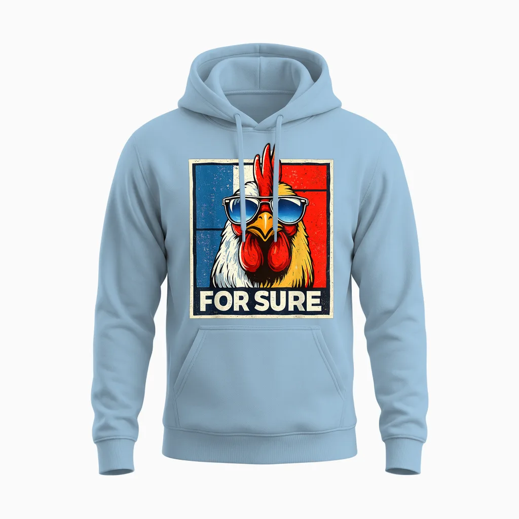 For Sure Coq French Glasses Parody Pop Art Vintage Meme Unisex Hoodie in Light Blue