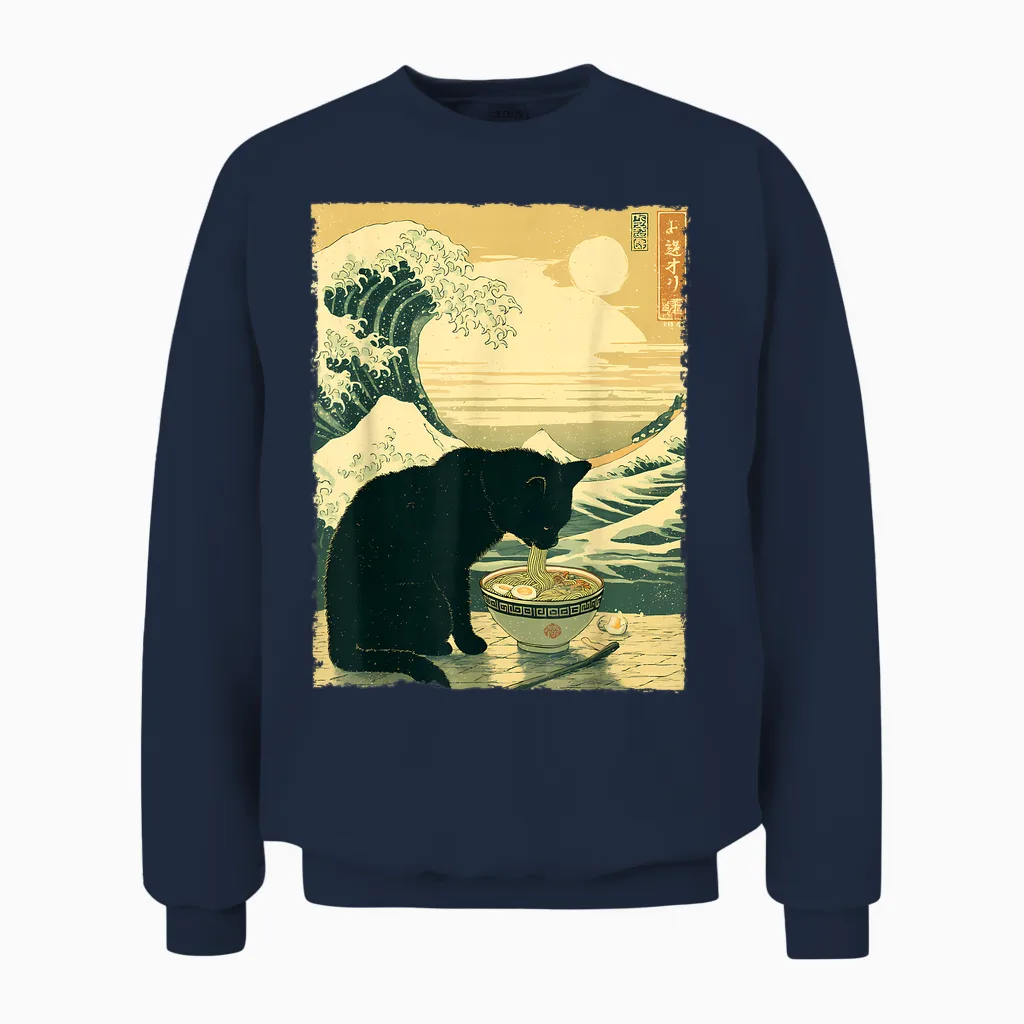 Funny Cat Ramen Great Wave off Kanagawa Illustration Anime Cat Unisex Sweatshirt in Navy