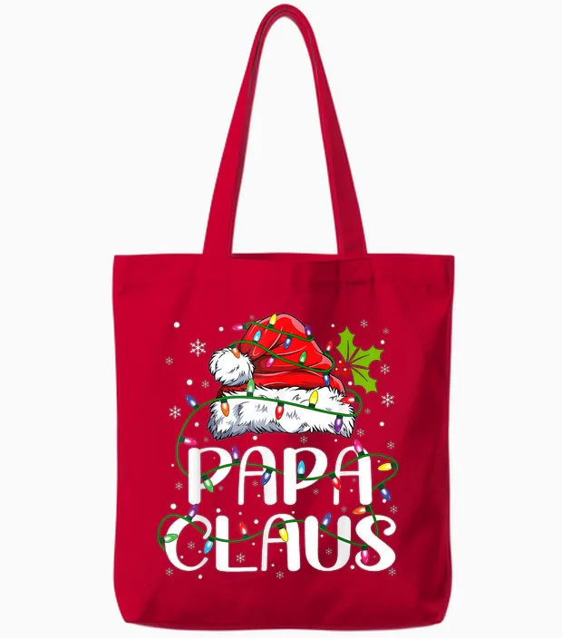 Papa Claus Christmas Lights Pajama Family Matching Tote Bags in Red