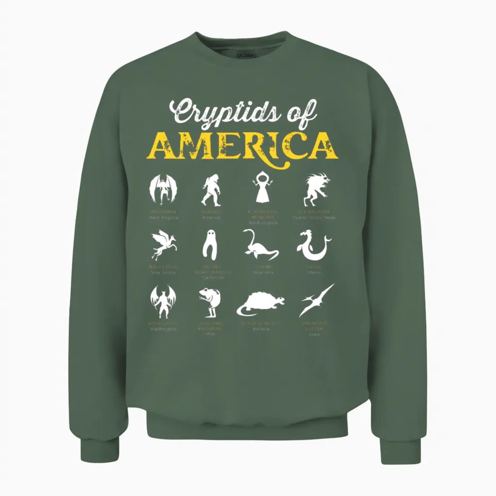 Cryptids of America Cryptozoology Mythical Unisex Sweatshirt in Military Green