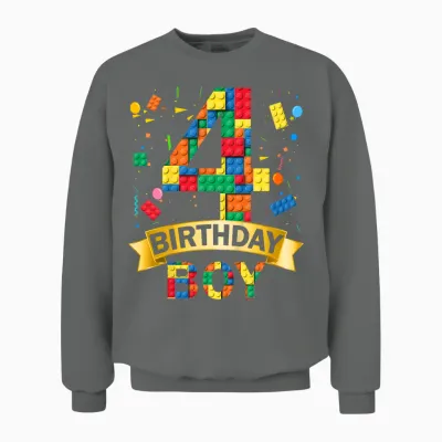 Kinder 4rd Birthday Boy 4 Year Old Building Blocks 4th Birthday Boy Unisex Sweatshirt - Graphite Heather