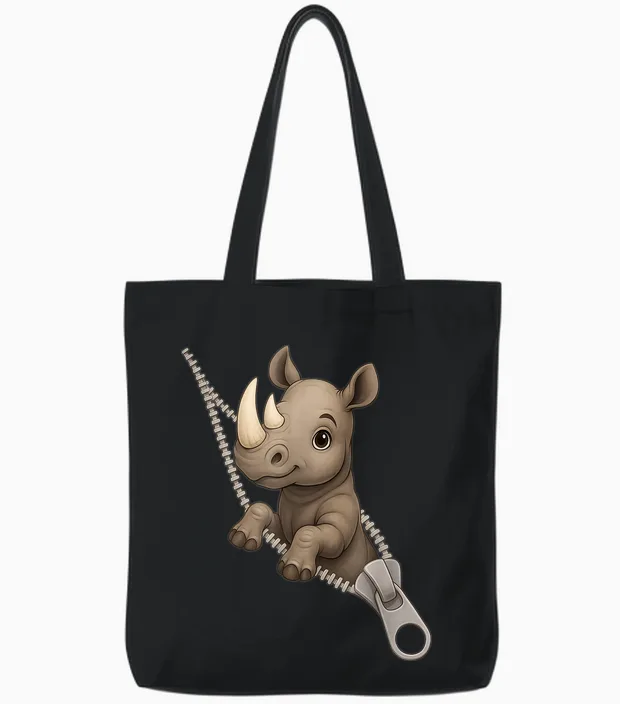Funny Rhinoceros Rhino Zipper Cute Tote Bags in Black
