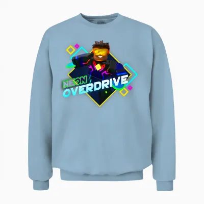 Roblox Black Neon Overdrive Classic Fit T-Shirt - Adult Crew Neck Short Sleeve Cotton and Polyester Unisex Sweatshirt - Light Blue