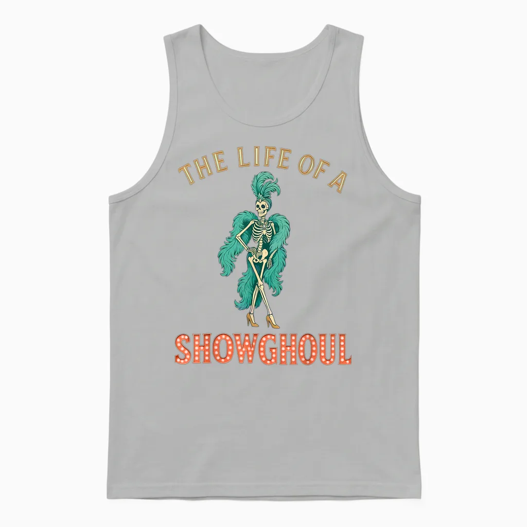 The Life of a Showghoul Retro Halloween Show Skeleton Girl Unisex Tank Top in Ash