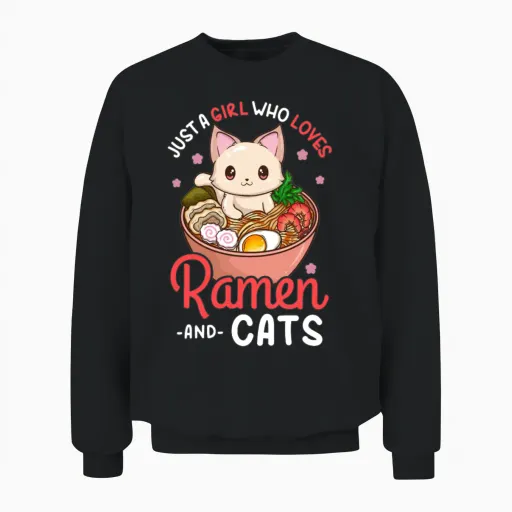 Ramen Cat Anime Lovers Unisex Sweatshirt in Black