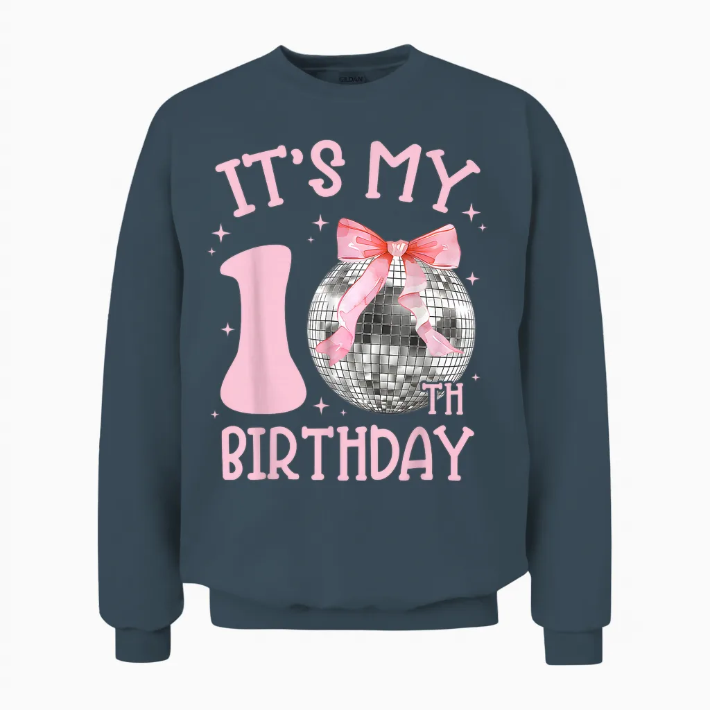 10th Birthday Coquette Bow Disco Ball 10 Year Old Birthday Unisex Sweatshirt in Dark Heather