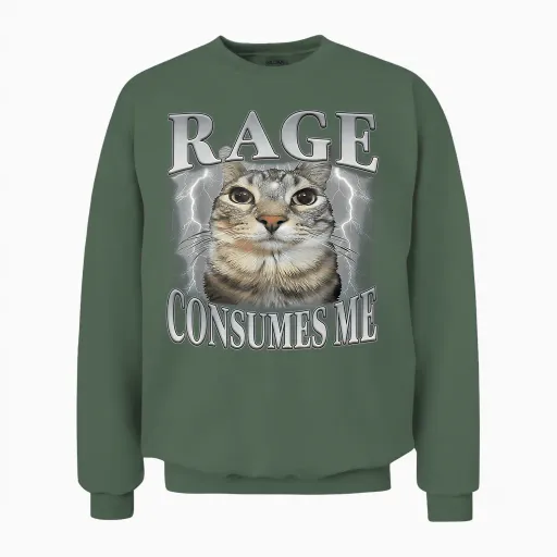 Rage Consumes Me Funny Silly Staring Cat Meme Unisex Sweatshirt - Military Green