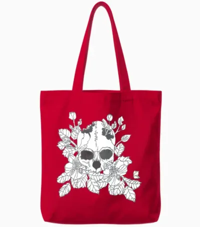 Black and White Flower Skull Tote Bags - Red