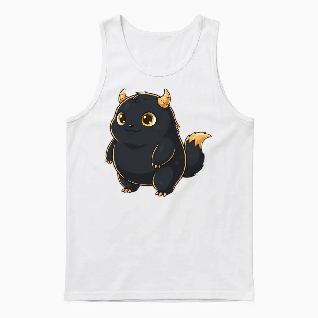 Cute Chubby Fantasy Creature with Golden Horn. Unisex Tank Top in White