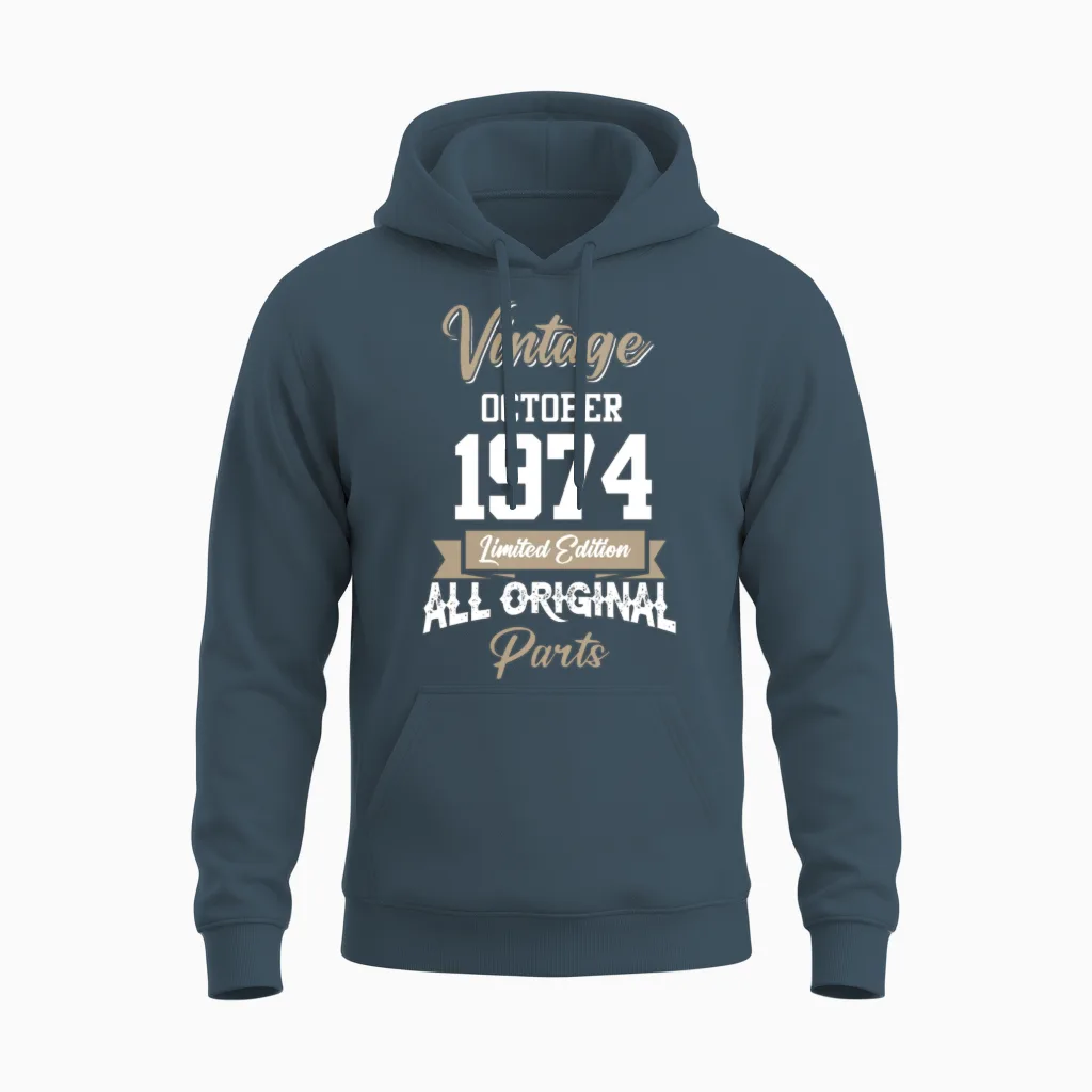 October 1974 Vintage Birthday Present Unisex Hoodie in Dark Heather