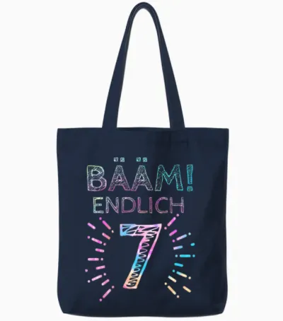 T-Shirt with German Text "kinder Bääm! Endlich 7 Jahre 7th Birthday Seven Seventh Girl" T-Shirt, Black Tote Bags - Navy