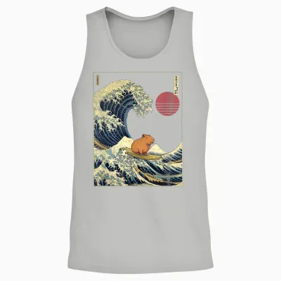 Capybara Japanese Kanagawa Wave Funny Surf Animal T-Shirt, Black Unisex Tank Top - Ash