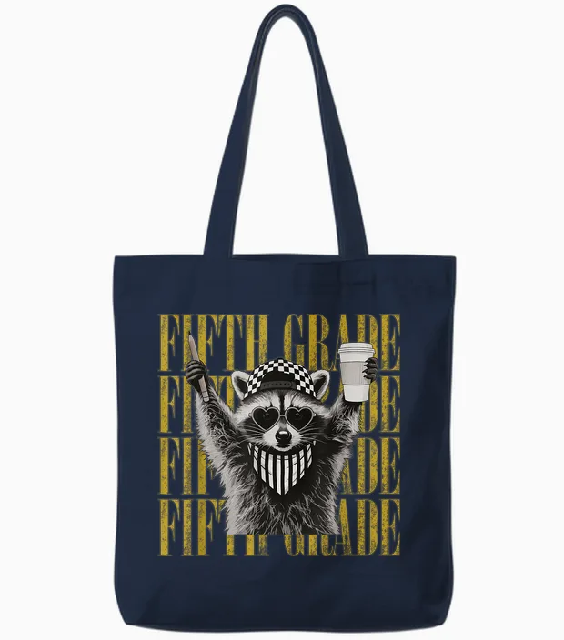 Funny Fifth Grade Teacher Feral Raccoon Back to School Tote Bags in Navy