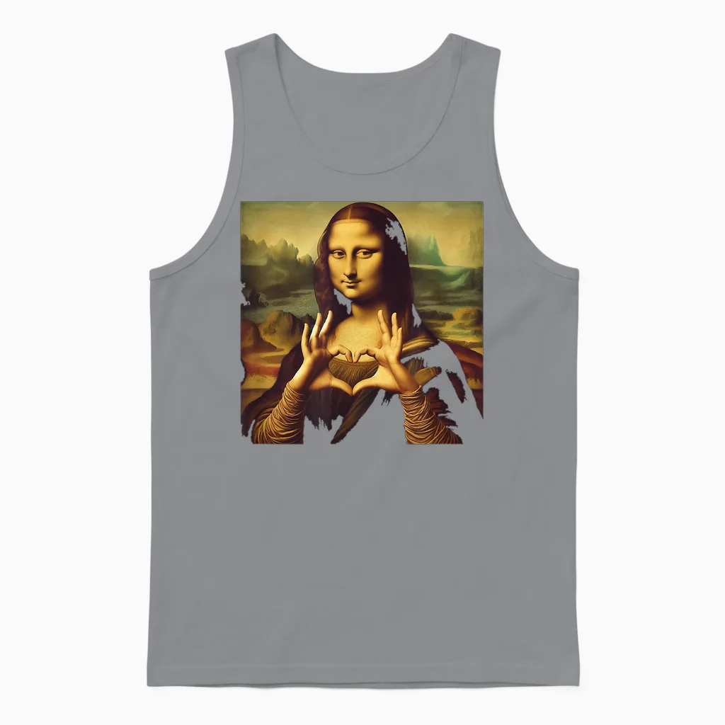 Mona Lisa Hand Heart Shaped Unisex Tank Top in Sport Grey