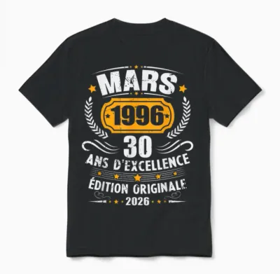 Vintage Mars 1996 Cadeau Anniversaire 30 Ans Homme Femme Unisex T-Shirt - Black