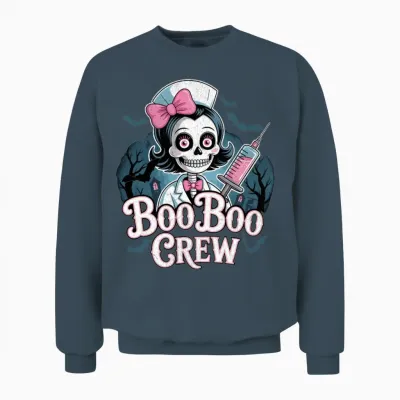 Gothic Nurse Skeleton with Booboo Crew Text Unisex Sweatshirt - Dark Heather