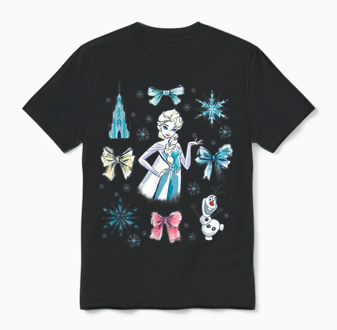 Disney Frozen Elsa Bow Watercolor Collage Unisex T-Shirt in Black