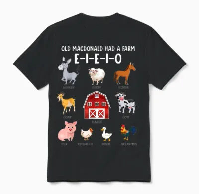 Toddler Kids Farm Animals Old Macdonald Had a Farm E-I-E-I-O Unisex T-Shirt - Black