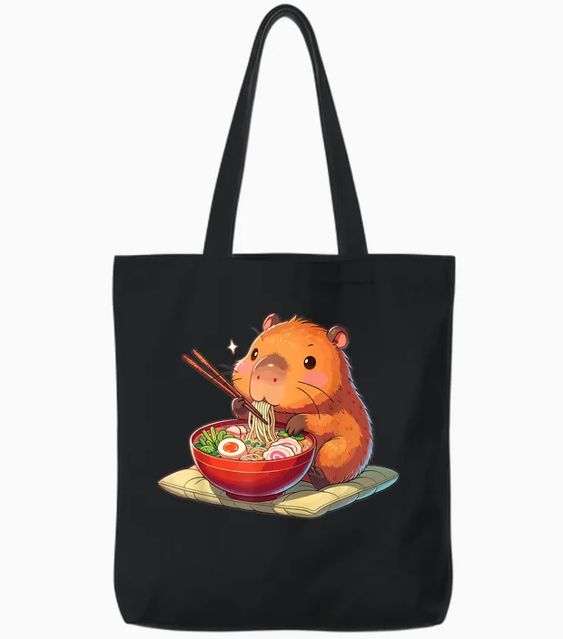 Cute Capybara Eats Ramen Noodles Capybaras Ramen T-Shirt, Black Tote Bags in Black