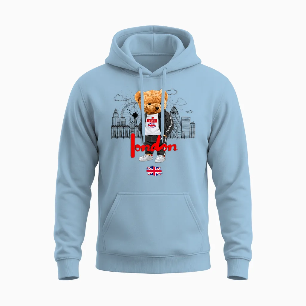 London Royal Teddybär Bad Boy Illustration Grafik Anime Unisex Hoodie in Light Blue