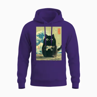Japanische Schwarze Gamer Cat Videospiele Great Wave Cat Dad Unisex Hoodie - Purple