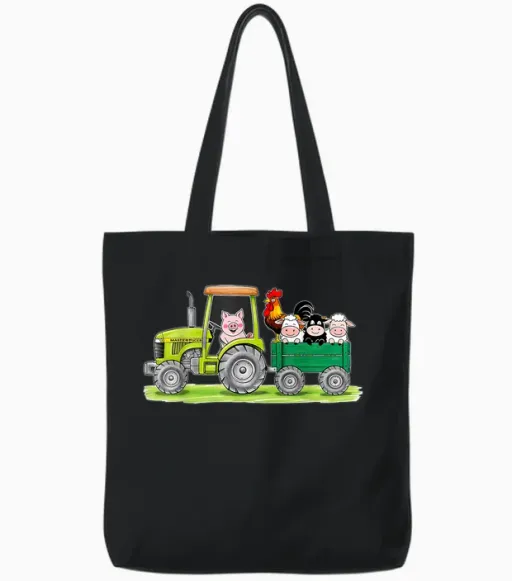 Farm Tractor with Animals T-Shirt, Black, S Tote Bags - Black