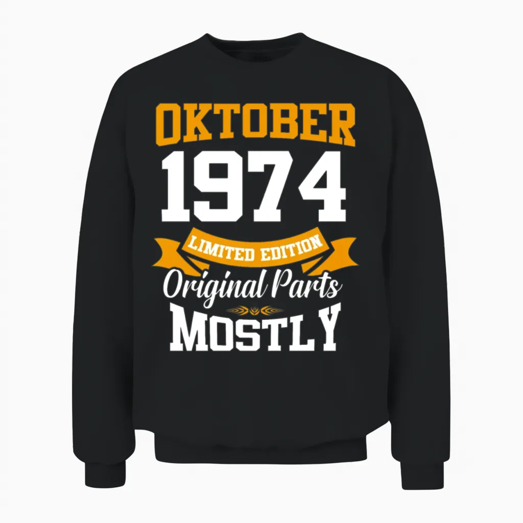October 1974 Vintage Birthday Present Unisex Sweatshirt in Black