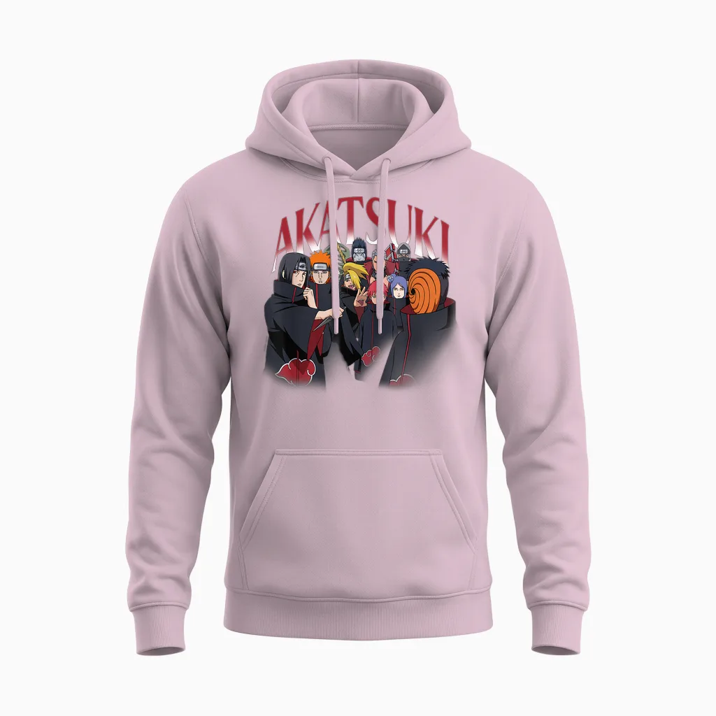 Naruto Shippuden Akatsuki Group Pose 90's Style Anime Unisex Hoodie in Light Pink