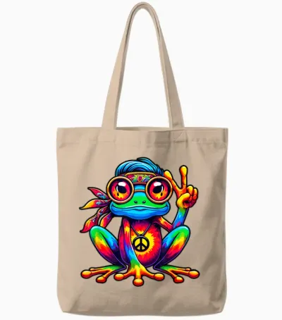 Tie Dye Hippie Frog Peace Sign 70s Party & 60s Costume Tote Bags - Natural