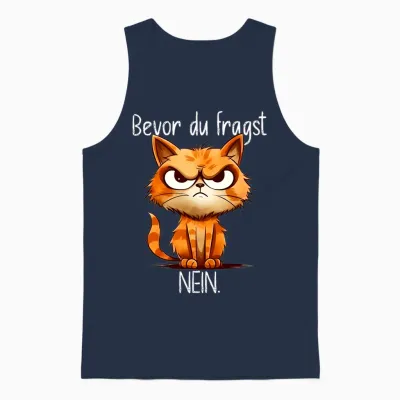 Funny Cat with Cheeky Saying "bevor Du Fragst No" Long-Sleeved Shirt, Black Unisex Tank Top - Navy