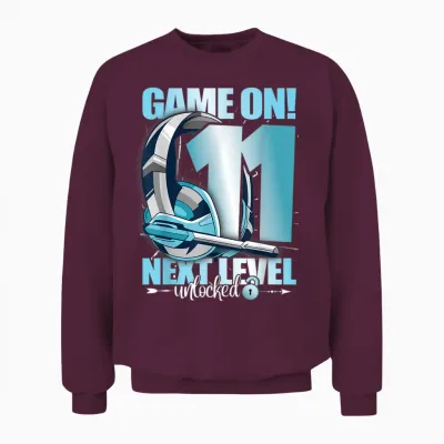 Level Unlocked 11th Birthday 11 Years Boy Girl Gaming T-Shirt, Black Unisex Sweatshirt - Maroon