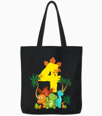 Children's 4 Years Birthday Boy Dinosaur Party Dino I Am 4 T-Shirt, Black Tote Bags - Black