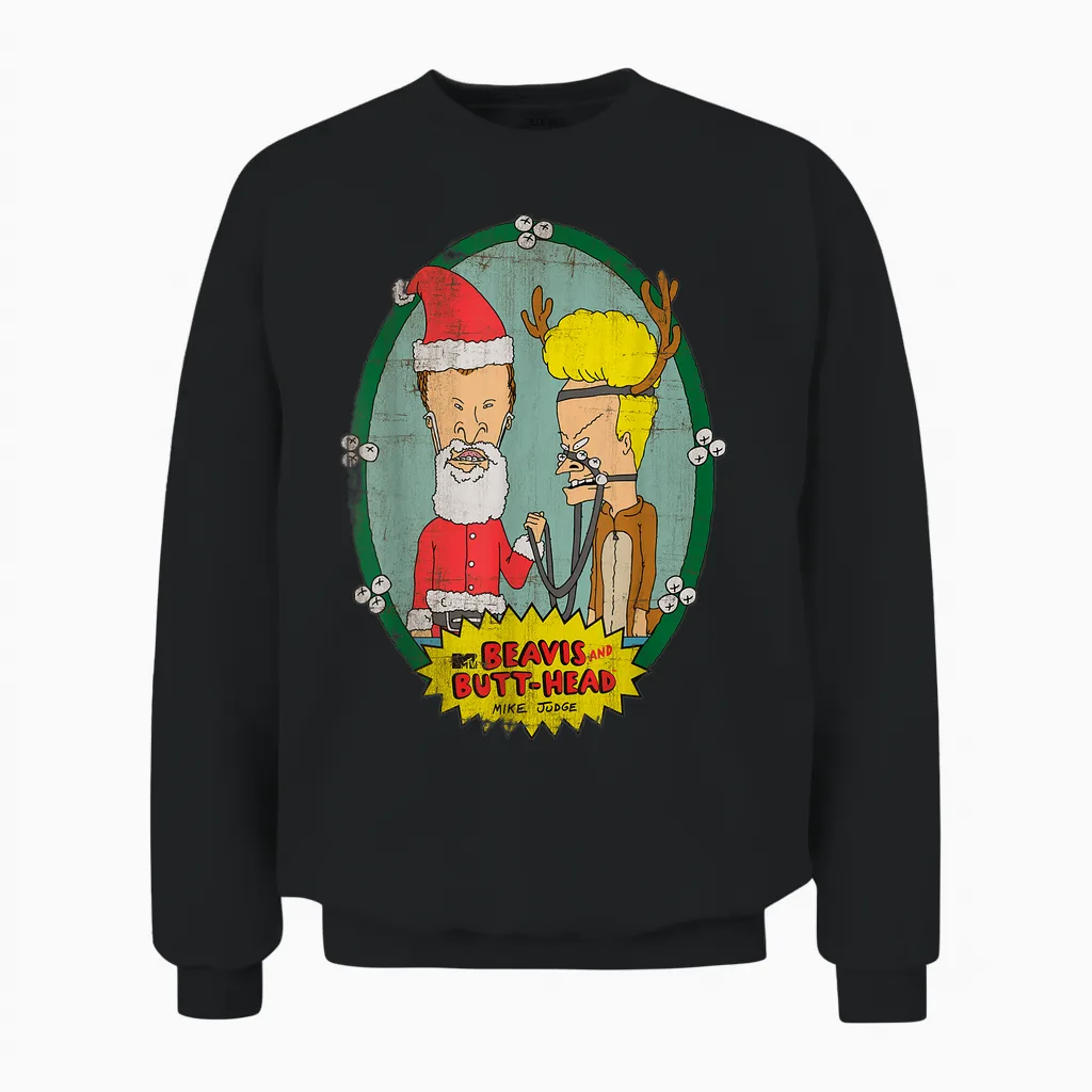 Beavis and Butt-Head Santa Reindeer Christmas Unisex Sweatshirt in Black