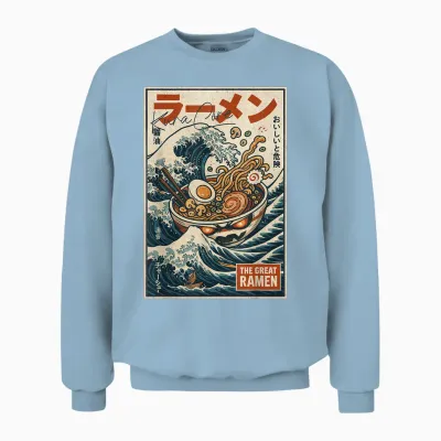 Ramen Japan Streetwear Cyberpunk Y2k Retro Manga Anime T-Shirt, Black, S Unisex Sweatshirt - Light Blue