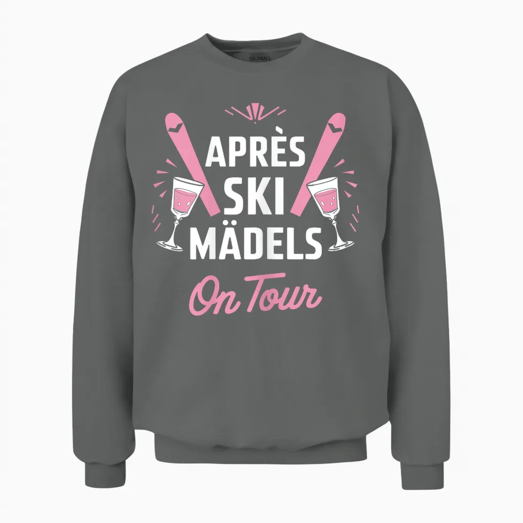 Après Ski Girls on Tour Skier Party T-Shirt, Black Unisex Sweatshirt in Graphite Heather
