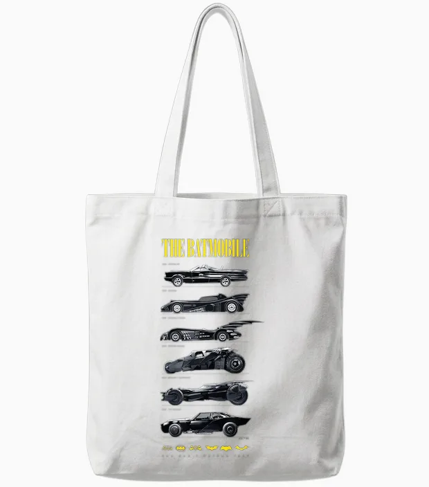 Batman 85th Anniversary Batmobile on Dark Tote Bags in White
