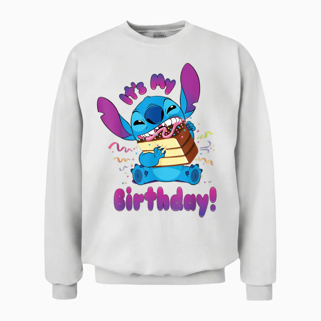 Disney Stitch "it's My Birthday" Party Crasher with Cake Unisex Sweatshirt in White