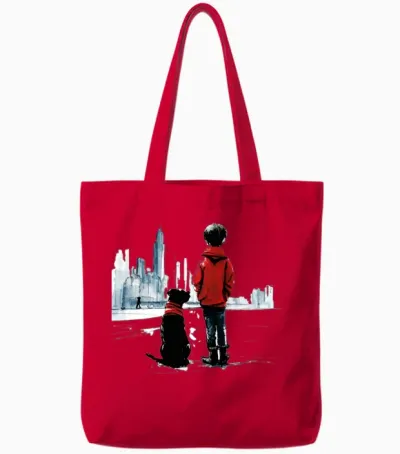 Boy and Dog Tote Bags - Red