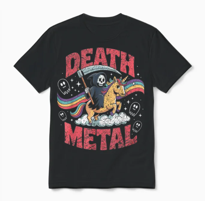 Death Metal Music Reaper Unicorn Rainbow Fun T-Shirt, Black, S Unisex T-Shirt in Black