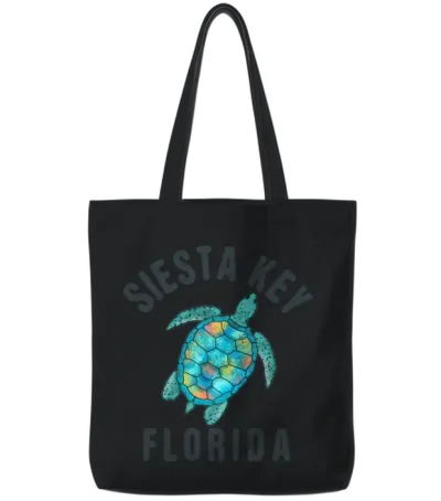 Siesta Key Fl Beach Sea Turtle Illustration Tote Bags - Black