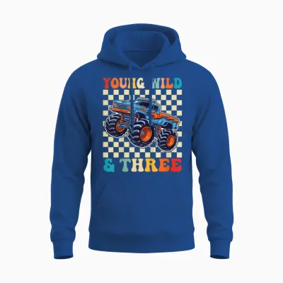 3rd Birthday Monster Truck Young Wild and Three 3 Year Old Unisex Hoodie - Royal