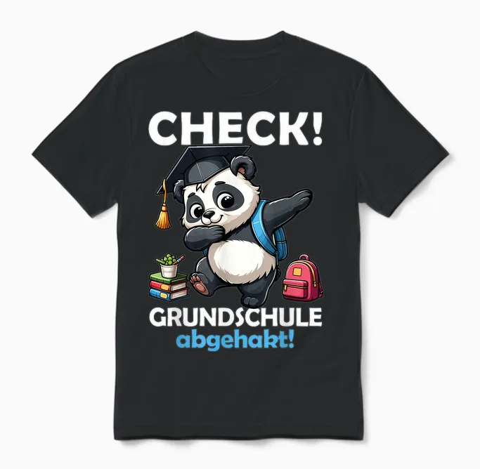 Check! Primary School Abgehakt! School Farewell Graduation Panda T-Shirt, Black Unisex T-Shirt in Black