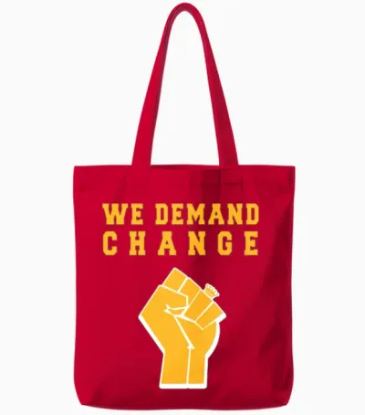We Demand Change - Purple and Gold - Blm Tote Bags - Red