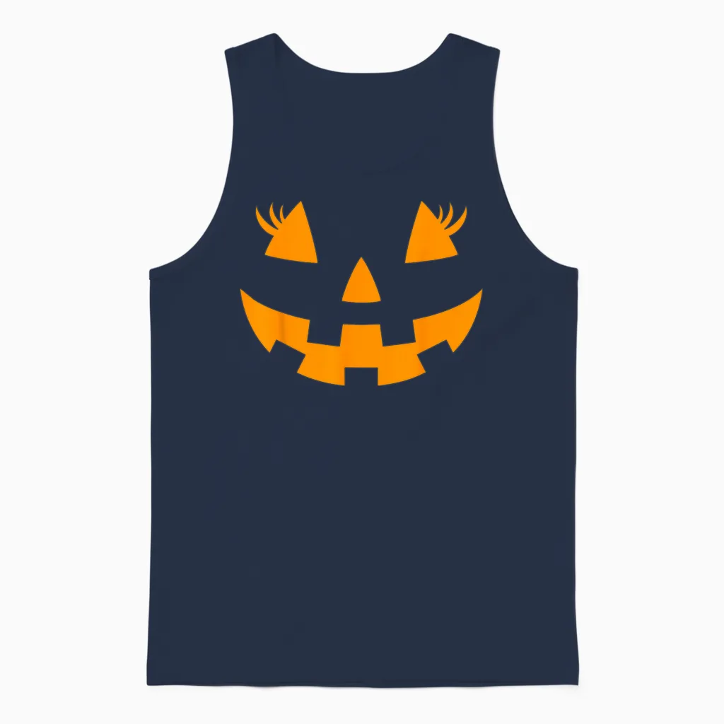 Jack O Lantern Face Pumpkin Eyelashes Hallowen Costume Funny Unisex Tank Top in Navy