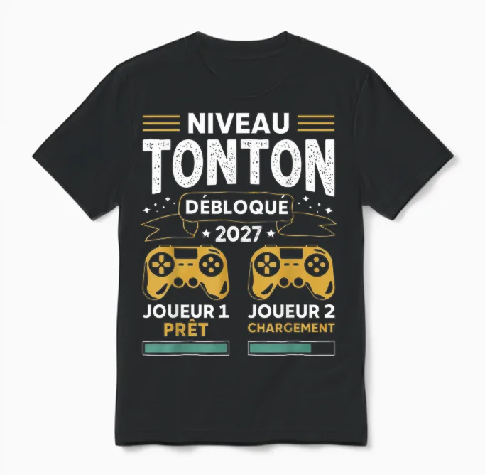 Niveau Tonton Débloqué 2027 Tu Vas être Futur Tonton Gamer Unisex T-Shirt in Black