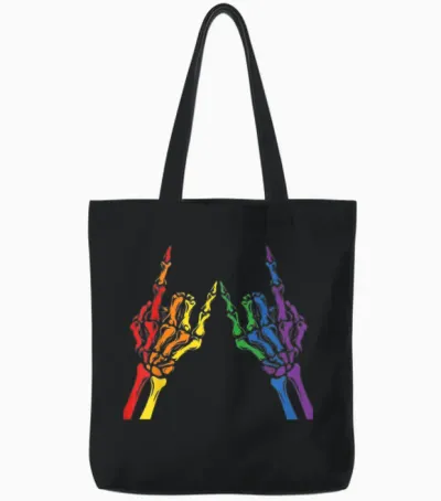 Skeleton Rock Hand Lgbt-Q Cool Rainbow Flag Gay Pride Ally Tote Bags - Black