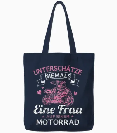 Unterschätze Niemals Eine Frau Auf Einem Motorrad Bikerin Tote Bags - Navy