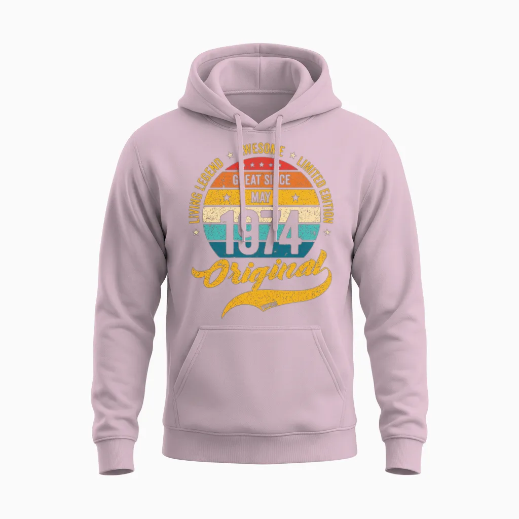 Retro 50 Years May 1974 Birthday Vintage Bday Unisex Hoodie in Light Pink